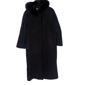 Sachi Collection Womens 14 Black Lambswool Cashmere Blend Coat Hooded Fur Trim